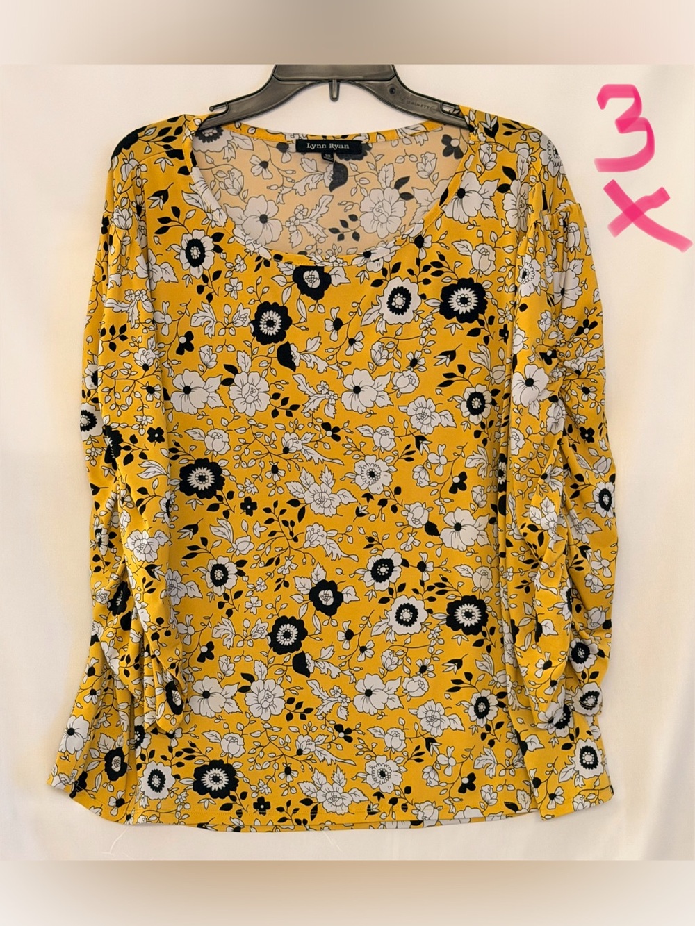 Lynn Ryan Women's Mustard Floral Long-Sleeve Scoop Neck Top